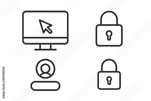 Minimalist outline symbols for digital security, user authentication, login, and computer interaction interface design