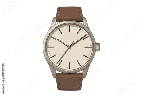 Classic analog wristwatch with minimalist dial and brown leather strap isolated on white