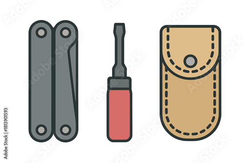 Compact utility kit with folded multi-tool, flathead screwdriver bit, and protective sheath