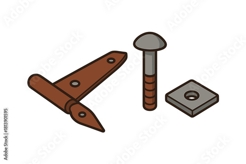 Set of rustic T-hinge, bolt, and square washer construction fasteners in isometric style