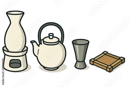 Japanese sake and tea ceremony items with teapot, ceramic flask, and wooden coaster