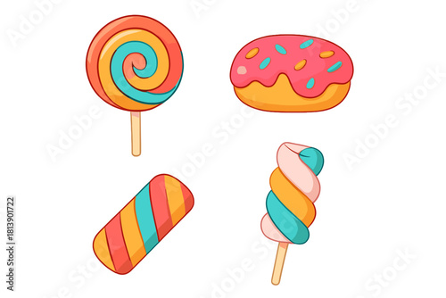 Vibrant collection of sugary treats including donut, lollipop, marshmallow, and striped candy