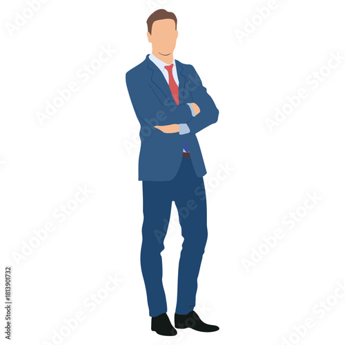 Vector illustration of a successful and confident businessman in a suit standing on white.