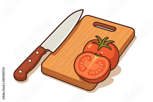 Fresh ripe tomatoes and kitchen knife on a wooden cutting board for cooking preparation