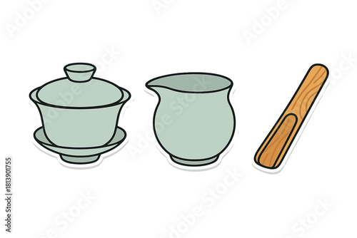 Traditional Chinese tea ceremony set including Gaiwan, fairness pitcher, and wooden tea scoop for Gongfu Cha ritual