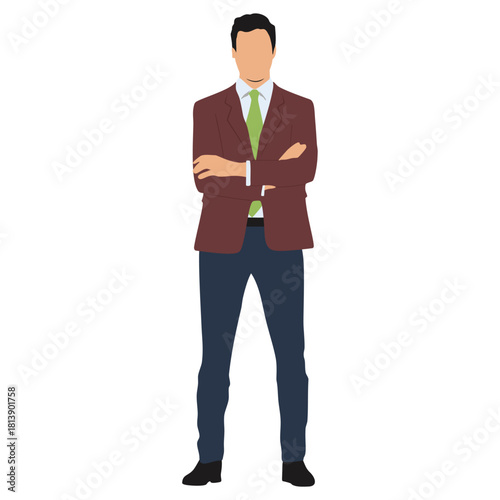 Vector illustration of a successful and confident businessman in a suit standing on white.