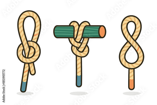 Bowline, Clove Hitch, and Figure Eight Loop fundamental rope knots for safety and utility