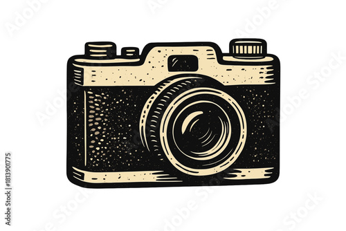 Vintage analog camera with distressed woodcut style texture isolated on white background