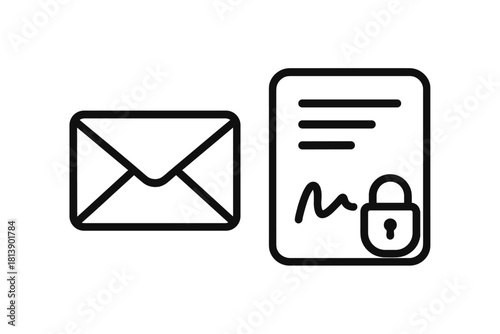 Secure mail envelope and confidential document protected by a padlock symbol