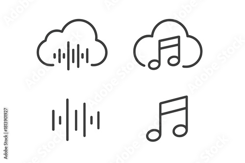 Collection of outline symbols representing digital audio storage and cloud music streaming services