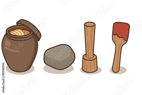 Traditional Korean kimchi making set featuring fermentation jar, stone, and wooden utensils