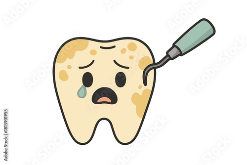 Crying dirty tooth character with plaque being scraped by a dental instrument