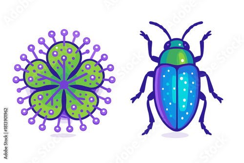 Stylized colorful beetle and carnivorous sundew plant isolated on white background