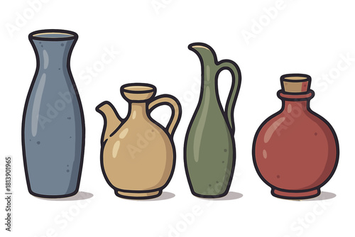 Assortment of colorful handcrafted ceramic vessels including pitchers, vases, and a stoppered jar