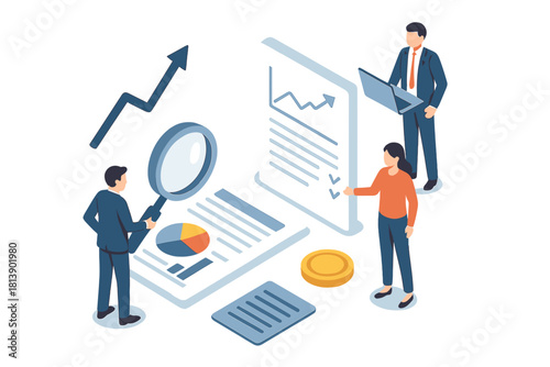 Professional team analyzing financial data and market research documents in isometric view