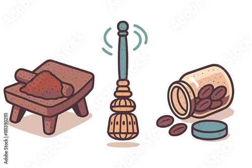 Traditional grinding stone, wooden whisk, and cocoa beans for beverage preparation