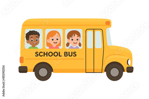 Happy diverse elementary school children riding inside a classic yellow school bus