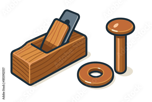 Classic wooden hand plane and large copper rivet with washer hardware set