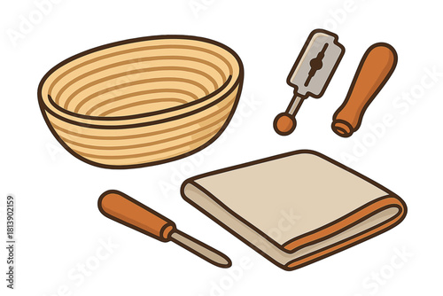 Artisanal bread baking tools set including proofing basket, lame, scraper, and cloth liner