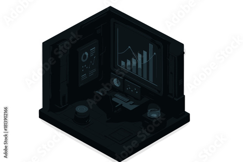 Futuristic dark isometric room setup for data analysis and financial monitoring with large screens displaying charts