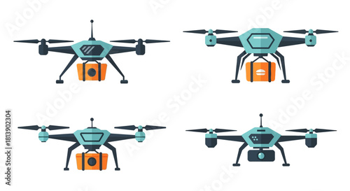 Delivery Drones Carrying Packages in Various Angles.