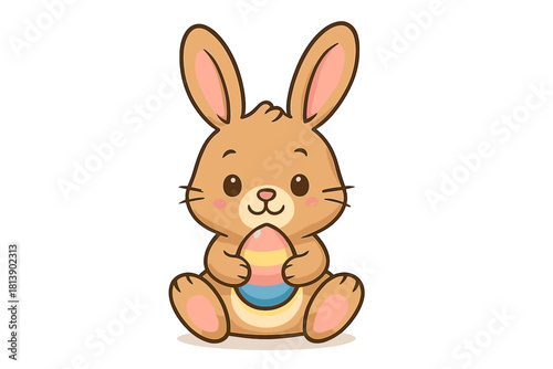 Adorable rabbit character sitting and gently holding a brightly striped holiday egg