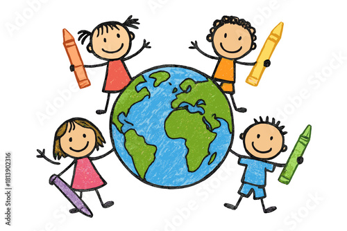 Four happy kids holding colorful crayons standing together around the world globe