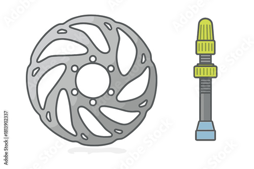 Bicycle disc brake rotor and tire valve stem components for cycling repair and maintenance