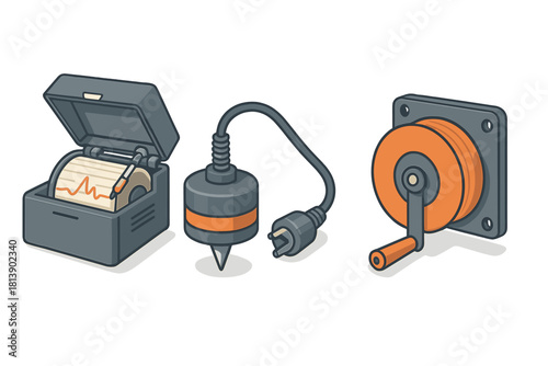 Set of technical measurement tools including a recorder, sensor, and cable reel