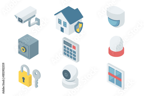 Isometric home security system icons set with surveillance cameras, safe, keypad, and alarm
