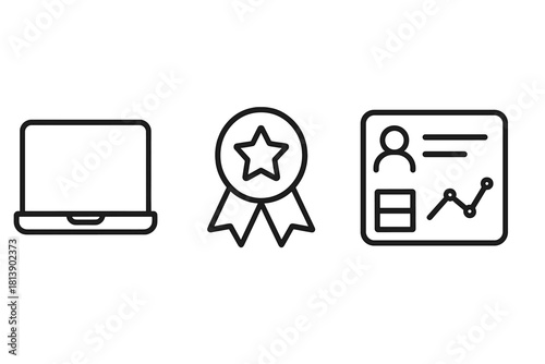 Laptop computer, achievement award ribbon, and personal profile data card symbols