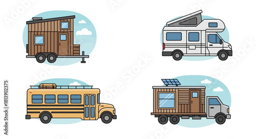 Diverse Transportation Options - Tiny House, RV, Bus, and Truck.