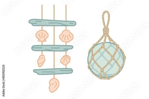 Decorative nautical elements featuring a seashell mobile wind chime and a traditional glass fishing float