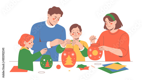 Family Crafts: A cozy family, together at a table, meticulously crafting colorful paper lanterns, each member contributing to the shared creative experience. Reflecting unity and joy