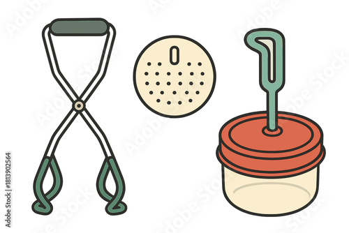 Kitchen utensils set with serving tongs, perforated disk, and food container
