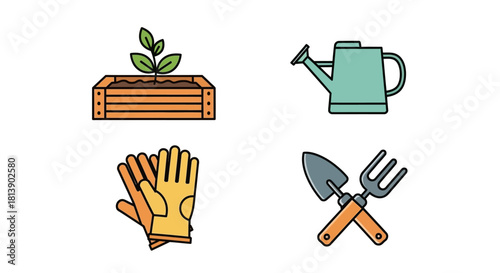 Gardening Tools and Plant Seedling in Wooden Box.