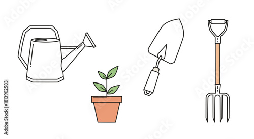 Gardening tools and plant pot on white background.