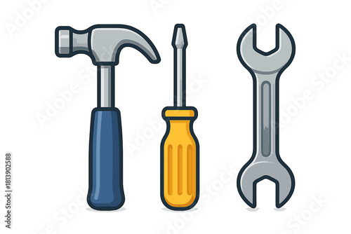 Essential hand tools set featuring a claw hammer, flathead screwdriver, and open-end wrench