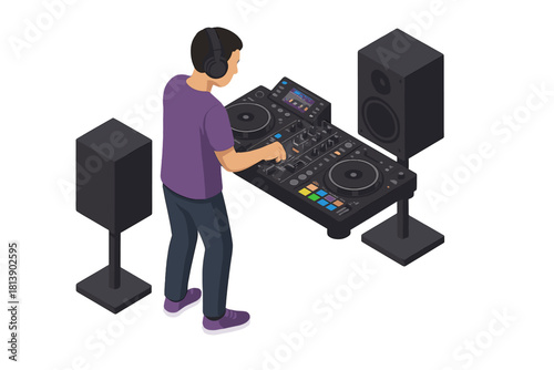 Person mixing music on professional DJ controller setup with large speakers in isometric view