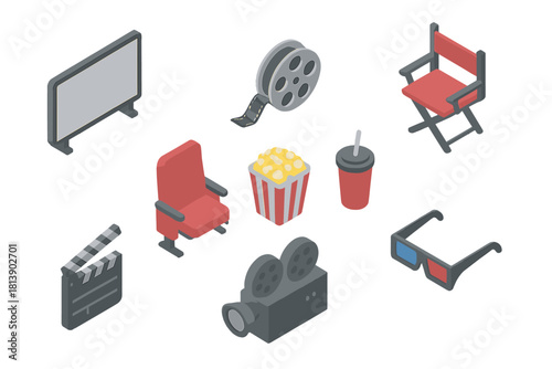 Isometric set of cinema objects: camera, popcorn, screen, and clapperboard