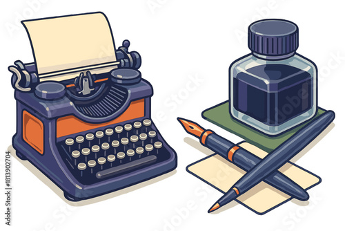 Vintage typewriter classic fountain pen and ink bottle for writing and literature