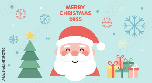A charming Christmas illustration featuring a smiling Santa Claus, a decorated fir tree, and a pile of festive gifts under falling snowflakes