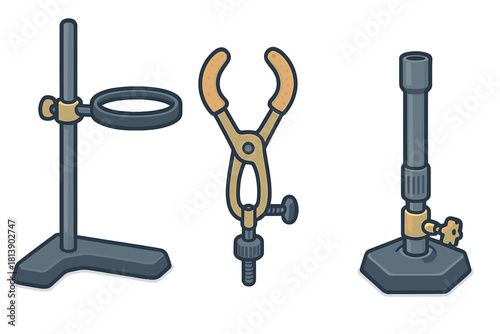 Essential chemistry laboratory equipment set with ring stand, tongs, and Bunsen burner