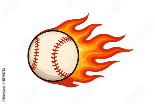 Classic white baseball with red stitching flying fast and engulfed in hot fiery flames