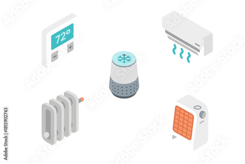 Smart home climate control devices set in isometric view