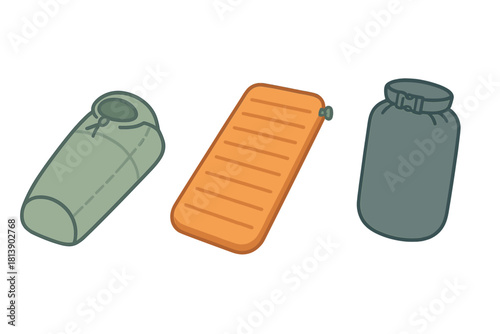 Essential camping and hiking gear set including a sleeping bag, inflatable pad, and waterproof dry sack