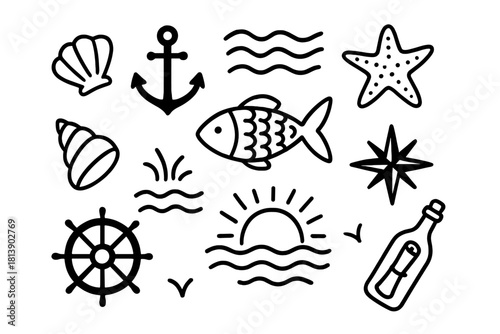 Hand drawn marine and nautical symbols including sea life, travel, and summer elements