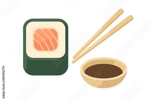 Japanese salmon maki sushi roll served with wooden chopsticks and a small bowl of soy sauce