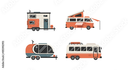 Set of Various Recreational Vehicles for Camping and Travel.