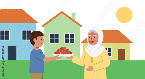 Grandmother Receiving Traditional Treat from Grandson in Friendly Neighborhood